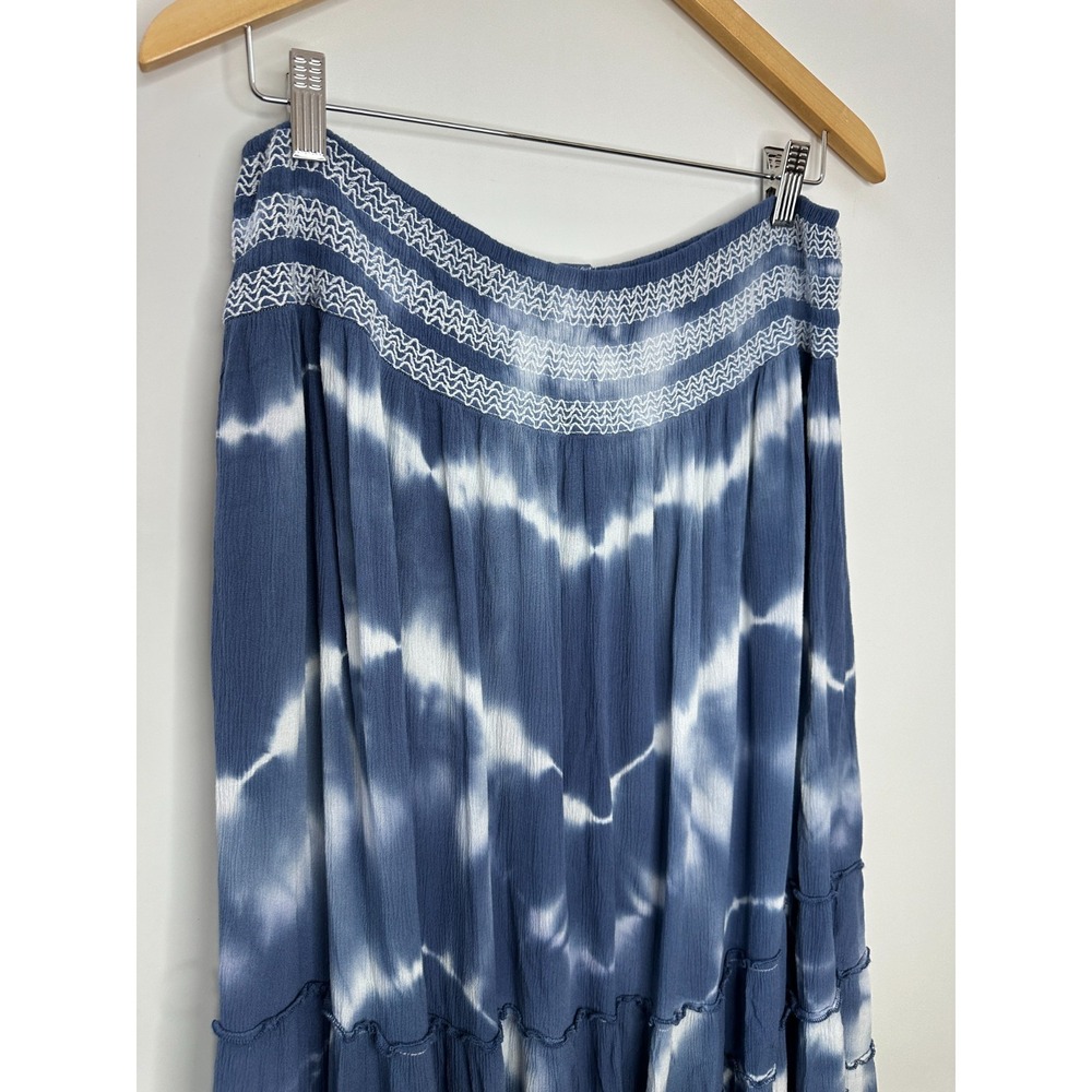 John Mark Tie Dye Smocked Waist Button Front Tiered Ruffle Maxi Skirt Large Blue - Picture 9 of 11